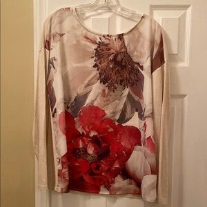 Chico's Cream and Red Graphic Long Sleeve Blouse